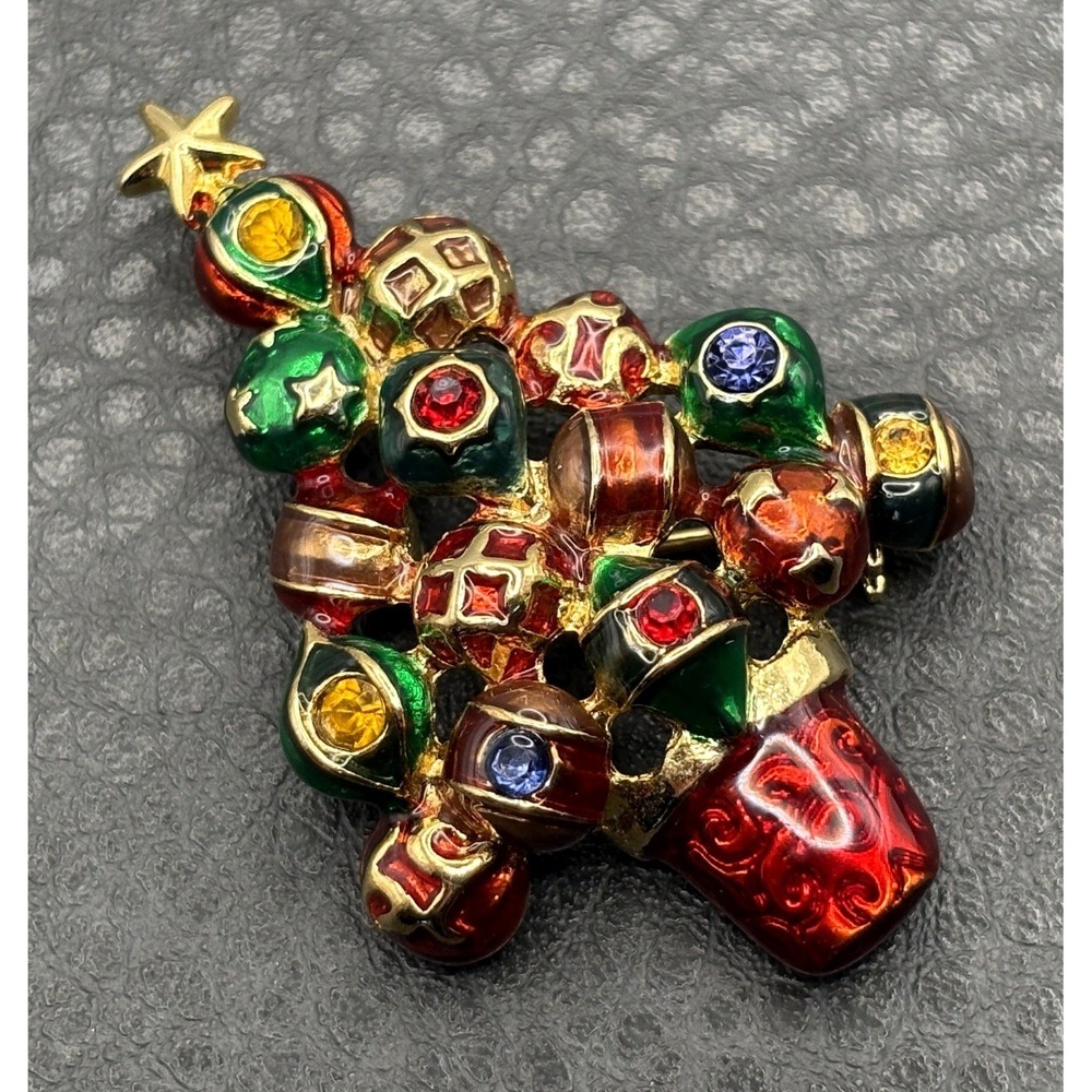 Christopher Radko Christmas Tree Brooch Pin Enamel Rhinestone Red Green Blue